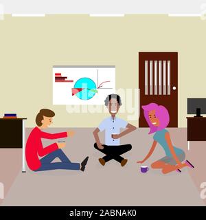 Fatigué des employés de bureau a fait une pause-café. Un petit déjeuner. Pendant les heures de travail, nous nous sommes assis sur le sol pour boire du thé et parler. Illustration de Vecteur