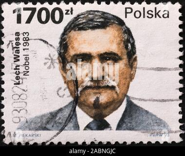 Portrait de Lech Walesa sur timbre polonais Banque D'Images