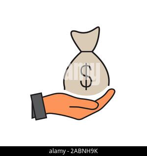 L'icône d'argent dans la main dans le quartier branché de télévision style design. Vector illustration graphique. Adapté pour la conception de site web, logo, l'app, et l'interface utilisateur. EPS 10. La main et un sac de Illustration de Vecteur