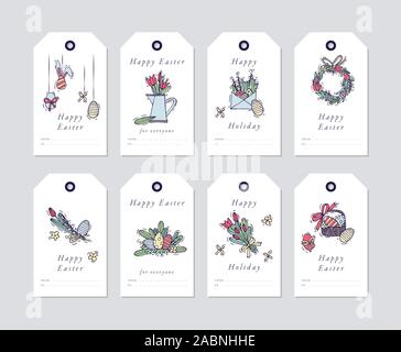 Vector design linéaire Joyeuses Pâques bonjour les éléments sur fond blanc. Maison de vacances de printemps tags ensemble avec la typographie et l'icône colorée. Illustration de Vecteur