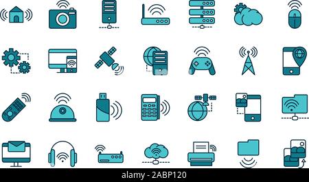 Internet des objets ligne et remplir icons set vector illustration Illustration de Vecteur