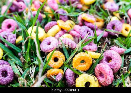 Détail d'un petit-déjeuner céréales anneau de couleurs éparpillés sur le terrain d'un parc. Banque D'Images