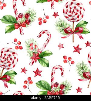 L'Aquarelle transparente Noël motif. Illustration peinte à la main avec red Candy Cane, Touch of Pink et le décor. Surface design pour les vacances d'hiver, de l'accueil Banque D'Images