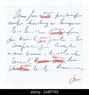 Résumé feuille de papier avec texte manuscrit, note avec des erreurs et fautes d'impression et signature, hand drawn vector script illisible Illustration de Vecteur