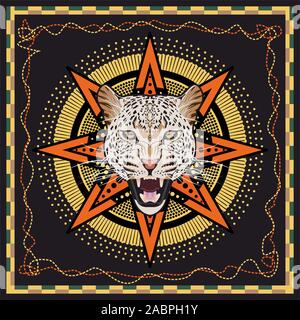 Leopard tête avec motif géométrique dans l'image. Faites à la main. Châle, écharpe, bandana, foulard, soie imprimer pour le tissu. - Vector Illustration de Vecteur