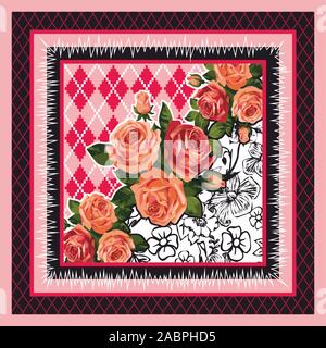 Fond de fleurs colorées, châle, bandana, foulard foulard, impression numérique, dessins de tissu. La mode femme. Plantes ornementales . - Vector Illustration de Vecteur