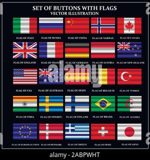 Ensemble de bannières avec des drapeaux. Illustration colorée avec des drapeaux du monde pour la conception web. Drapeaux bannières avec de beaux virages. Illustration avec fond noir. Illustration de Vecteur