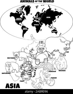 Noir et Blanc Dessin Animé éducatif Illustration d'animaux d'Asie et carte du monde avec Continents Page à colorier Illustration de Vecteur