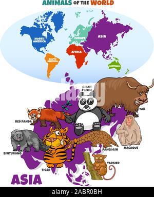 Caricature d'illustration de la carte du monde et les animaux d'Asie avec Continents Illustration de Vecteur