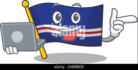 Happy smiling drapeau Cap vert personnage travail avec ordinateur portable Illustration de Vecteur