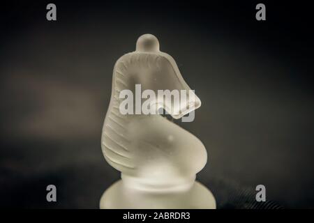 Pièce d'échecs Chevalier en verre blanc sur fond noir Banque D'Images