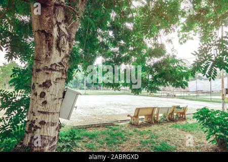 Le contrôle de l'alimentation électrique Old rusty fort sur l'arbre dans le parc public. Banque D'Images