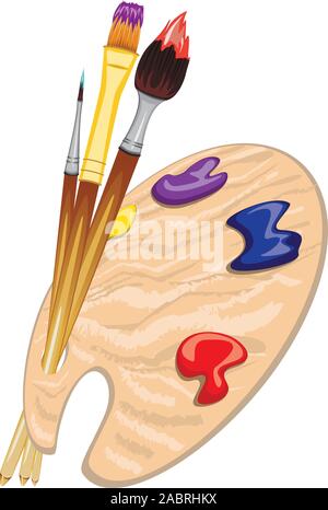 Pinceaux et palette en bois de l'artiste avec des peintures colorées. Illustration de Vecteur