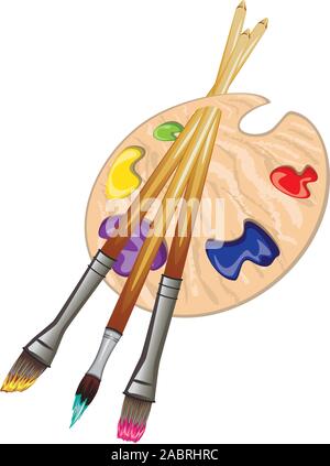 Pinceaux et palette en bois de l'artiste avec des peintures colorées. Illustration de Vecteur