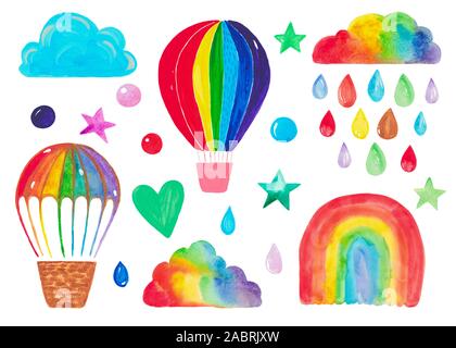 Série de tableaux faits à la main pour l'illustration Aquarelle clipart ballon dirigeable arc-en-ciel d'éléments décoratifs en nuage Banque D'Images