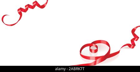 Bannière horizontale avec ruban de satin rouge en forme de cœur sur un fond blanc Illustration de Vecteur