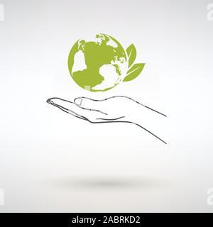 L'écologie de la terre et la main sur l'icône fond clair Illustration de Vecteur