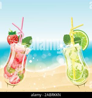 Mojito cocktails rafraîchissants sur le fond de plage Illustration de Vecteur