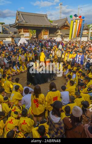 Himeji, JAPON - 15 octobre 2019 : cercle Final session de la danse traditionnelle du lion shishimai (cérémonie de cheveux). Une partie du festival d'automne de l'Oshi Banque D'Images