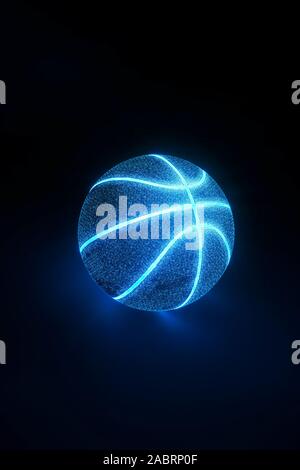Le Rendu 3D de creative au basket-ball avec coutures néon bleu éclatant sur un fond bleu nuit d'une lueur à la surface ci-dessous with copy space Banque D'Images