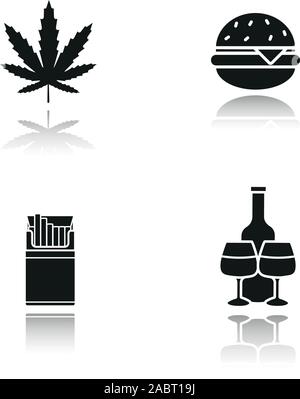 Mauvaises habitudes ombre portée icônes noires. Mode de vie malsain de la toxicomanie. Feuilles de marijuana, restauration rapide burger, paquet de cigarettes, l'alcool bouteille avec gla Illustration de Vecteur