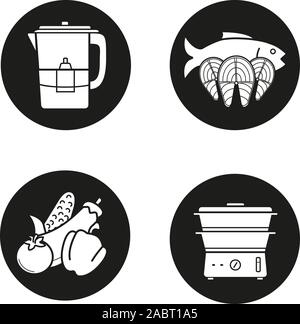 Cuisson vapeur icons set. Les légumes, les darnes de saumon, filtre à eau et cuiseur à vapeur. Vector silhouettes blanc illustrations de cercles noirs Illustration de Vecteur