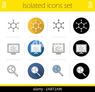 Science Lab icons set. Modèle plat, linéaire, noir et couleurs. Molécule, ordinateur, laboratoire d'analyse de la structure moléculaire. Projet scientifique. Je Illustration de Vecteur