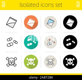 Drogue icons set. Modèle plat, linéaire, noir et couleurs. Tête de mort, comprimés et la cocaïne paquet. Illustrations vectorielles des stupéfiants Illustration de Vecteur