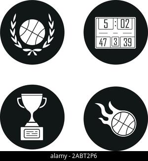 Championnat de basket-ball icons set. Balle en couronne de laurier, tableau de bord, vainqueur trophée, balle en feu. Vector blanc Illustrations en cercles noirs Illustration de Vecteur