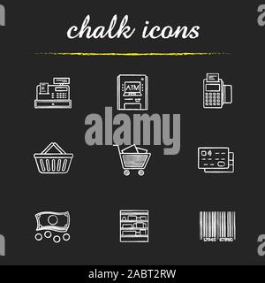 Chalk supermarché icons set. Épicerie. Terminal de Point de vente, caisse enregistreuse, machine atm, carte de crédit, panier et panier, vente, code à barres, ca Illustration de Vecteur