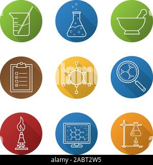 Laboratoire chimique linéaire plat long shadow icons set. Réaction chimique, mortier et pilon, liste de contrôle, bécher avec rod, structure moléculaire, lab Illustration de Vecteur