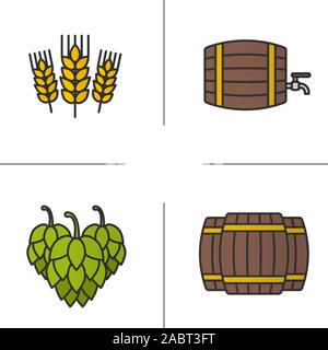 La couleur de la bière icons set. Les tonneaux en bois de l'alcool, cônes de houblon, les épis de blé. Brasserie de bière. Illustrations vectorielles Illustration de Vecteur