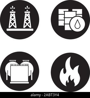 Les icônes de l'industrie pétrolière. De forage, de barils et de stockage, inflammable signe. Vector silhouettes blanc illustrations de cercles noirs Illustration de Vecteur