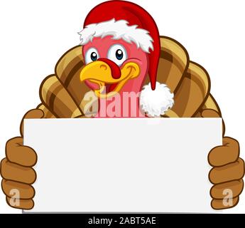 La Turquie dans la région de Santa Hat Holding Sign Cartoon de Noël Illustration de Vecteur