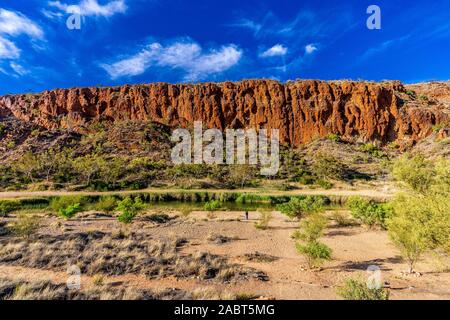 Un touriste photographie la paroi massive à Glen Helen Gorge, dans les MacDonnell Ranges, Territoire du Nord, Australie. Banque D'Images