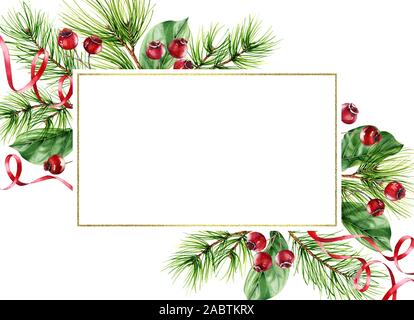 Fond de carte de Noël avec des branches de pins, de fruits rouges et de la place pour le texte. Illustration à l'aquarelle avec cadre et golden glitter pour l'hiver Banque D'Images