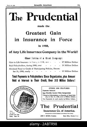 - 19 millions de dollars - 15 millions de dollars ber 31 1908 près de fait le plus grand gain d'assurance en vigueur en 1908 d'une société d'assurance-vie dans le monde ! 'Pas de géant d'une entreprise géante : gagner en assurance-vie en vigueur en 1908 plus de 97 millions de dollars - Total des paiements aux assurés depuis plus montant de l'organisation tenue à intérêt à leur actif plus de 313 millions de dollars ! Autres frais 1908 dispose d réduit. Nouvelle politique de Revenu mensuel inauguré. Prêté aux assurés sur la sécurité de leur poli tiques au 31 décembre 1908 plus de IO millions de dollars. La Prudential Insurance Co. of America Banque D'Images