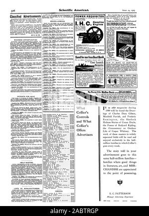 Annonces nécessaires pour donner le numéro de l'enquête. Occasions d'affaires. Les brevets pour la vente. Conditions d'alimentation des moteurs essence I. H. C Aide désirée. Listes des fabricants. Divers. sera envoyé gratuitement à tout homme d'affaires ou de l'employé. Veuillez wr te sur l'état de nature il busi ness et la taille des officeforoe. En outre demander des renseignements concernant le temps d'économie de travail et de l'ajout de roughs Bur Listing ma chines. . Londres. W. C Angleterre UN SUBSTITUT D'UN OUTIL COÛTEUX Quels contrôles du Collier Collier's offre aux annonceurs si ces systèmes ont été développé par les utilisateurs d'envoyer pour notre Banque D'Images