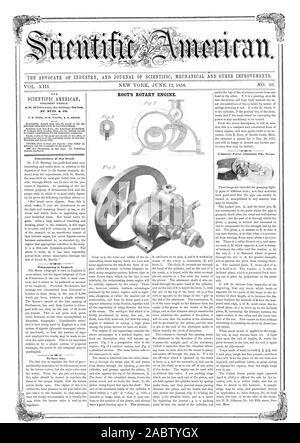 L'AVOCAT DE L'INDUSTRIE ET DU JOURNAL DE MÉCANIQUE SCIENTIFIQUE ET D'autres améliorations. La racine. MOTEUR ROTATIF, Scientific American, 1858-06-12 Banque D'Images