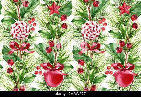 Motif transparent aquarelle de Noël avec des bonbons, des pommes rouges et des branches d'arbre de pin. Illustration réaliste peinte à la main pour les vacances d'hiver Banque D'Images