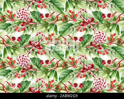 Transparente avec motif de noël lollypop, canne de Noël et des branches d'arbre de pin. Aquarelle peinte à la main l'illustration pour la saison des vacances d'hiver, de l'accueil Banque D'Images