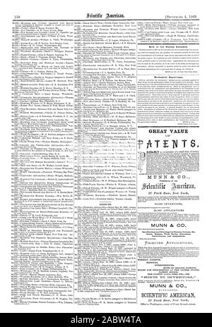 Vgaosannaalmna la façon d'obtenir des brevets étendus. Gravures mécanique UNE GRANDE VALEUR MUNN & CIE Éditeurs de la MUNN 84 Marques, dessins et modèles questions CO. Interférences d'extensions et d'affectations. Les brevets étrangers DES CONSEILS SUR LA VENTE D'INTERFÉRENCES RÉÉDITIONS BREVETS DES BREVETS LE DROIT DES BREVETS, etc. Voir Munn & CO, Scientific American, 1869-09-04 Banque D'Images