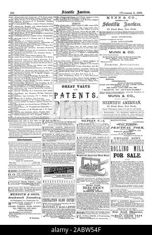 MUNN & CIE Éditeurs de la MUNN & CO. Les spécifications et les dessins des brevets avertissements Re. Dessins et modèles industriels Marques Questions d'interférences et d'affectations. Extensions Les brevets étrangers DES CONSEILS SUR LA VENTE D'INTERFÉRENCES RÉÉDITIONS RÈGLES ET PROCÉDURES DE BREVETS À L'OFFICE DES BREVETS Des États-unis LE DROIT DES BREVETS, etc. Voir Munn & CO. UNE GRANDE VALEUR DE L'OXYGÈNE. Wright's Pat. Roue de l'eau plat carré HENRY WARD SERMONS DANS PLYMOUTH PULPIT MACHINES SPÉCIALES  FORME PRATIQUE DESSINS ET PLANS D'EXÉCUTION POUR LA VENTE. Observateur de New York EXEMPLES DE COPIE GRATUITEMENT MERRICK FILS cfc Southwark  Foundery, Scientific American, 1869-11- Banque D'Images