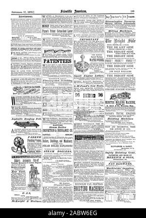 17 septembre 1870.1 Retour Page - 81'00 une ligne. À l'intérieur de la page 75 c. la ligne. PAT. Plusieurs MACHINE À COUDRE. Horigontal Pente verticale et les moteurs. Handren & Ripley BREVETÉS HARTFORD CAPITAL $500000 Accueil Bureau à Hartford Connecticut 106 Broadway. 98 98 NÉGOCIER 600 acres. 19e année. 10 serres. Deux fois par AIONTII 50c. Une année. Chaque semaine, 61 par an. 100 DOLLARS D'OR FAITE PAR R. BALL & CO. Worcester Mass. ; ELLWANGER et BARRY BREVETÉ ET FABRIQUÉ PAR Philadelphie PA Ep v ( Sonval $ Turbine 4 New Haven, Scientific American, 1870-09-17 Banque D'Images