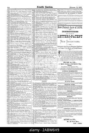 APPLICATIONS POUR L'EXTENSION DES BREVETS. Lettres-PATENTES INSTRUCTIONS MUNN & Co. demande une attention particulière à leur système de faire cas rejetés. CAV Mange de rééditions. Les brevets européens. N° 37 Park Row, Scientific American, 1870-10-15 Banque D'Images