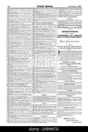 MEE& lettres-patentes instructions Informations sur les extensions de réserves Interferen ces Marques Dessins et modèles et brevets étrangers. MUNN & CO. demander une attention particulière à leur système de faire CAS REJETÉ SANS FRAIS SUPPLÉMENTAIRES. Mises en garde les rééditions. Dessins et modèles industriels et les MARQUES DE COMMERCE COMPOSITIONS BREVETS EUROPÉENS. N° 37 Park Row, Scientific American, 1870-12-03 Banque D'Images