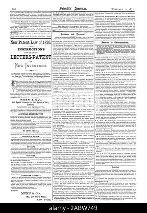 Inventions brevetées en Angleterre par les Américains. Lettres-patentes 44 INSTRUCTIONS- MUNN & CO. cas rejetés. Mises en garde les rééditions. Les brevets européens. N° 37 Park Row NEW YORK. Le journal américain Directory, Scientific American, 1871-0 Banque D'Images