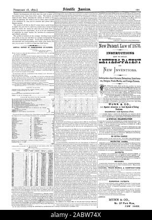 Rapport ANNUEL DU COMMISSAIRE AUX BREVETS. Lettres-PATENTES INSTRUCTIONS MUNN & Co. d'affaires. Cas rejeté sans frais supplémentaires. Mises en garde les rééditions. Les brevets européens. MUNN & CO. No 37 Park Row 854, Scientific American, 1871-02-18 Banque D'Images