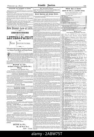 Lettres-PATENTES INSTRUCTIONS 4.Z0 MUNN & CO. cas rejetés. Mises en garde les rééditions. Les brevets européens. La Gazette des annonceurs MUNN & CO. Procureurs brevet. 37 Park Row New York., Scientific American, 1871-02-25 Banque D'Images