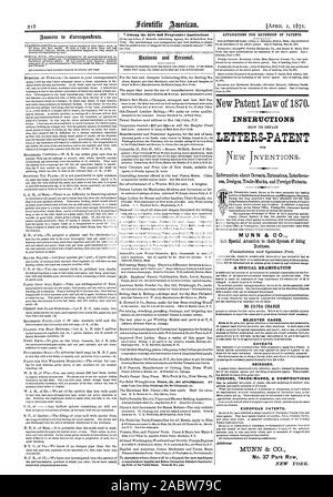 Lettres-PATENTES INSTRUCTIONS MUNN & CO. SANS FRAIS SUPPLÉMENTAIRES cas rejetés. Mises en garde les rééditions. Les brevets européens. N° 37 Park Row NEW YORK., Scientific American, 1871-04-11 Banque D'Images